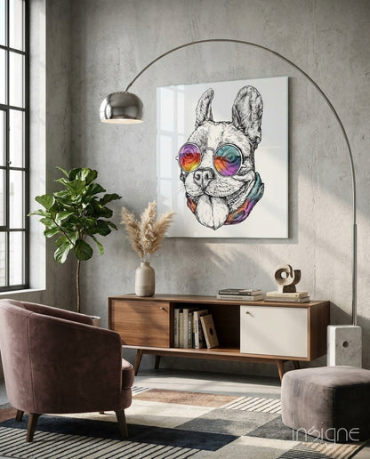 Rainbow Glasses Sketch Bulldog Glass Wall Art