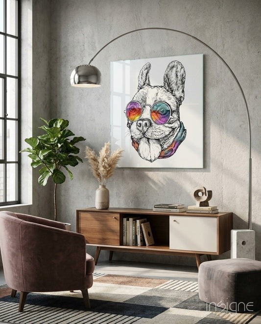 Modern living room with framed sketch of bulldog wearing rainbow gradient sunglasses displayed above wooden media console.