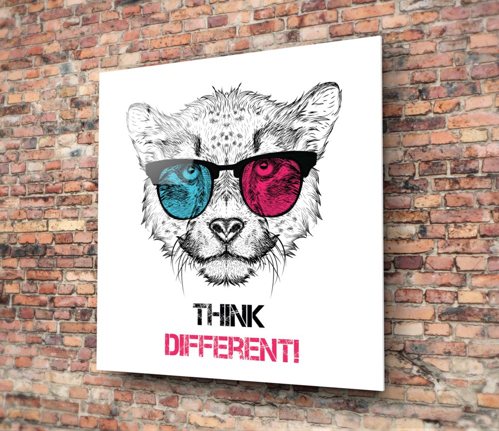 Glass wall art featuring a line-drawn cat wearing blue and pink sunglasses with "THINK DIFFERENT!" text, mounted on brick.