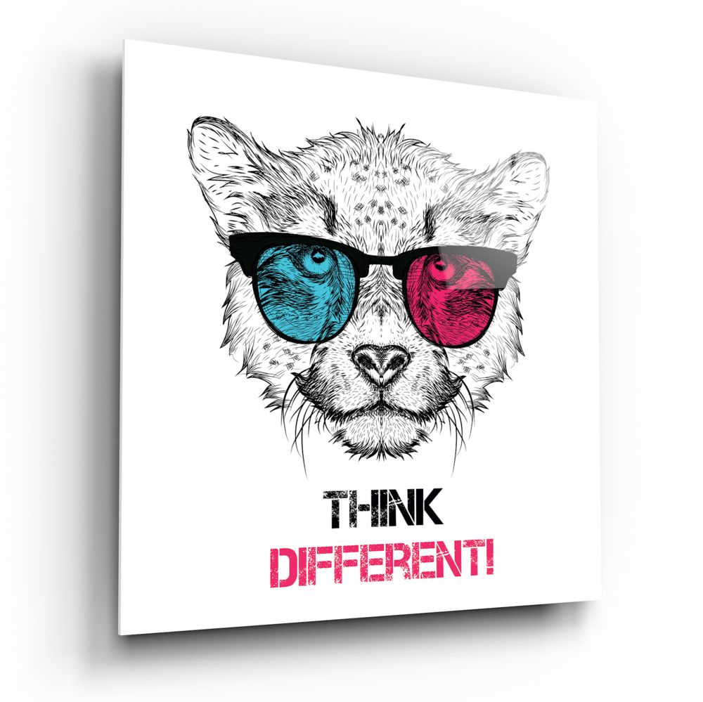 A stylized illustration of a cat wearing colored sunglasses with "THINK DIFFERENT!" text printed below on white glass.