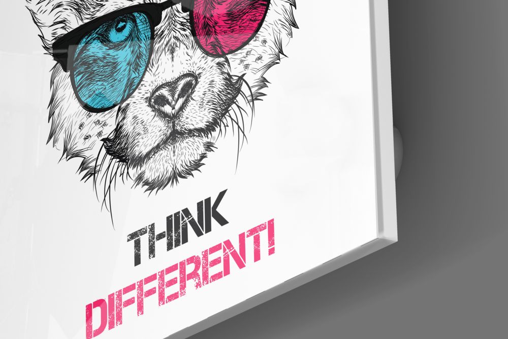 Close-up angled view of glass wall art featuring a sketched cat wearing colorful sunglasses with "THINK DIFFERENT" text in black and pink.