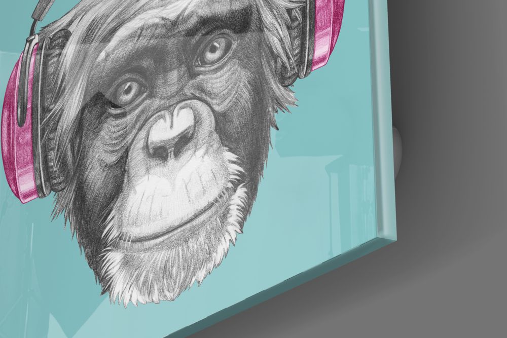 Detailed pencil sketch of a chimpanzee wearing pink headphones against a turquoise glass background.