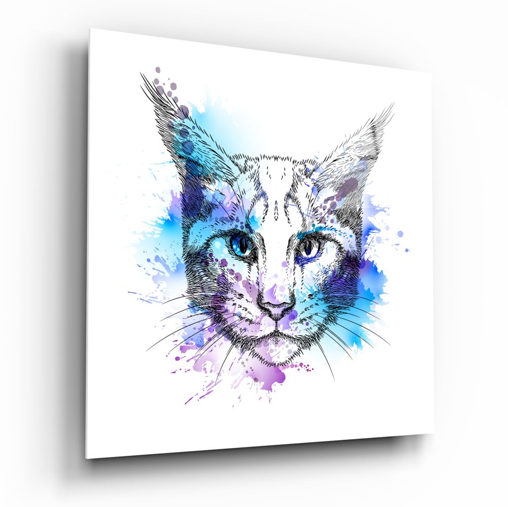 Blue Watercolor Sketch Cat Glass Wall Art