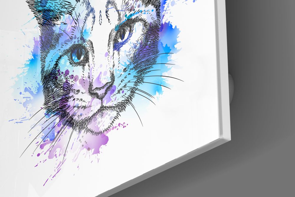 Blue Watercolor Sketch Cat Glass Wall Art