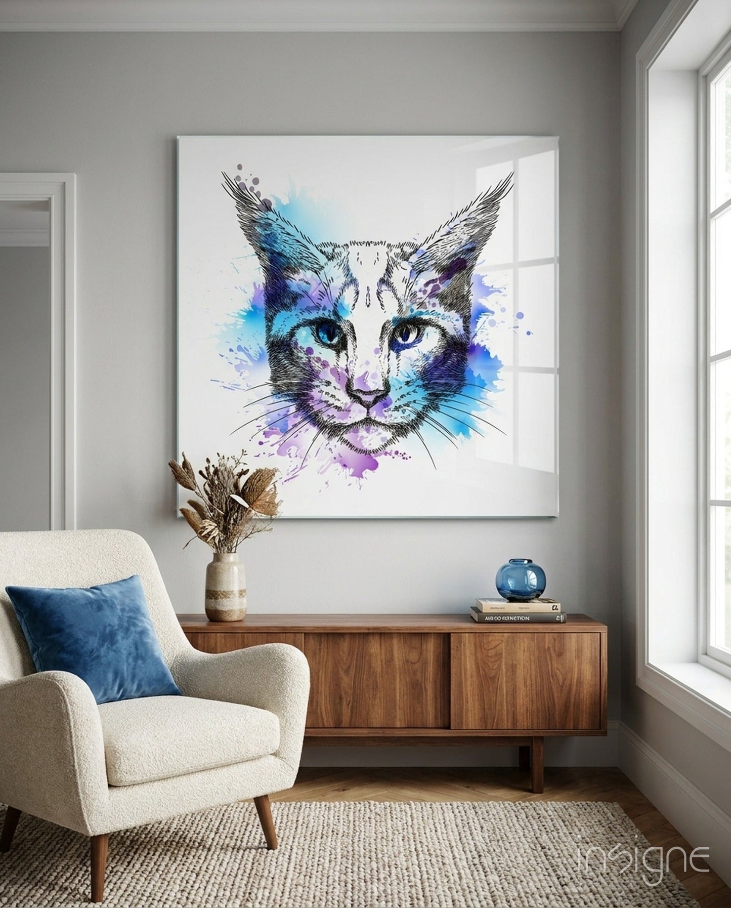 Blue Watercolor Sketch Cat Glass Wall Art