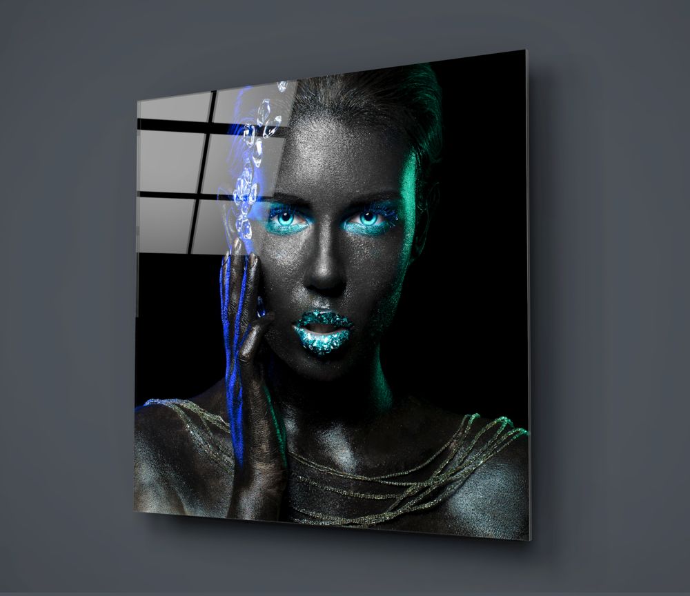 Turquoise Glow Blue Floral Woman Glass Wall Art