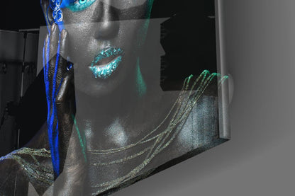 Turquoise Glow Blue Floral Woman Glass Wall Art