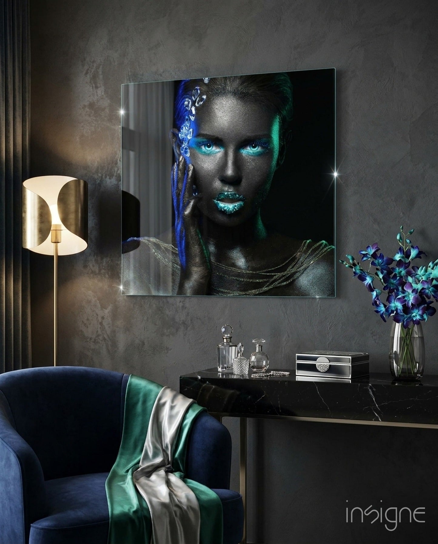 Turquoise Glow Blue Floral Woman Glass Wall Art