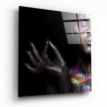 Glitter Hand Dark Skin Woman Glass Wall Art