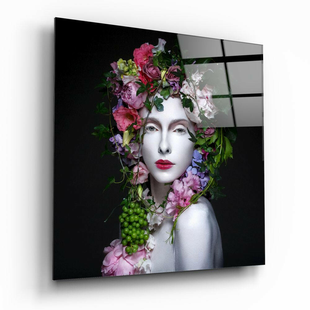 Flower Crown Porcelain Woman Glass Wall Art
