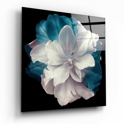 White And Teal Layered Tulip Floral Glass Wall Art