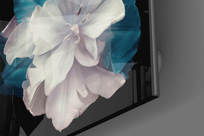 White And Teal Layered Tulip Floral Glass Wall Art