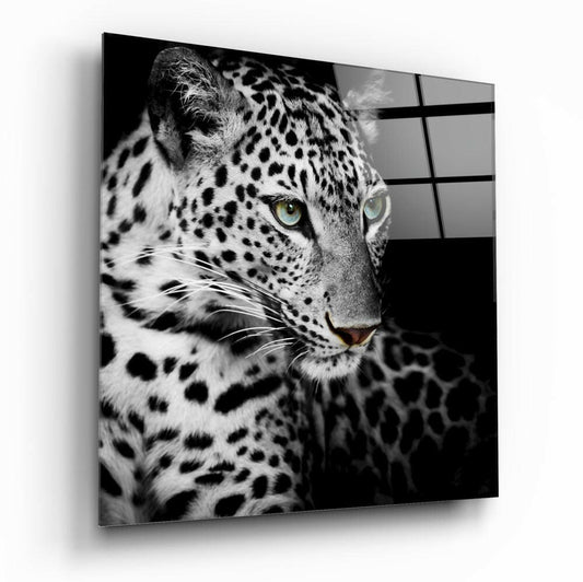 Black and white glass panel featuring a close-up leopard portrait with striking pale eyes against dark background.