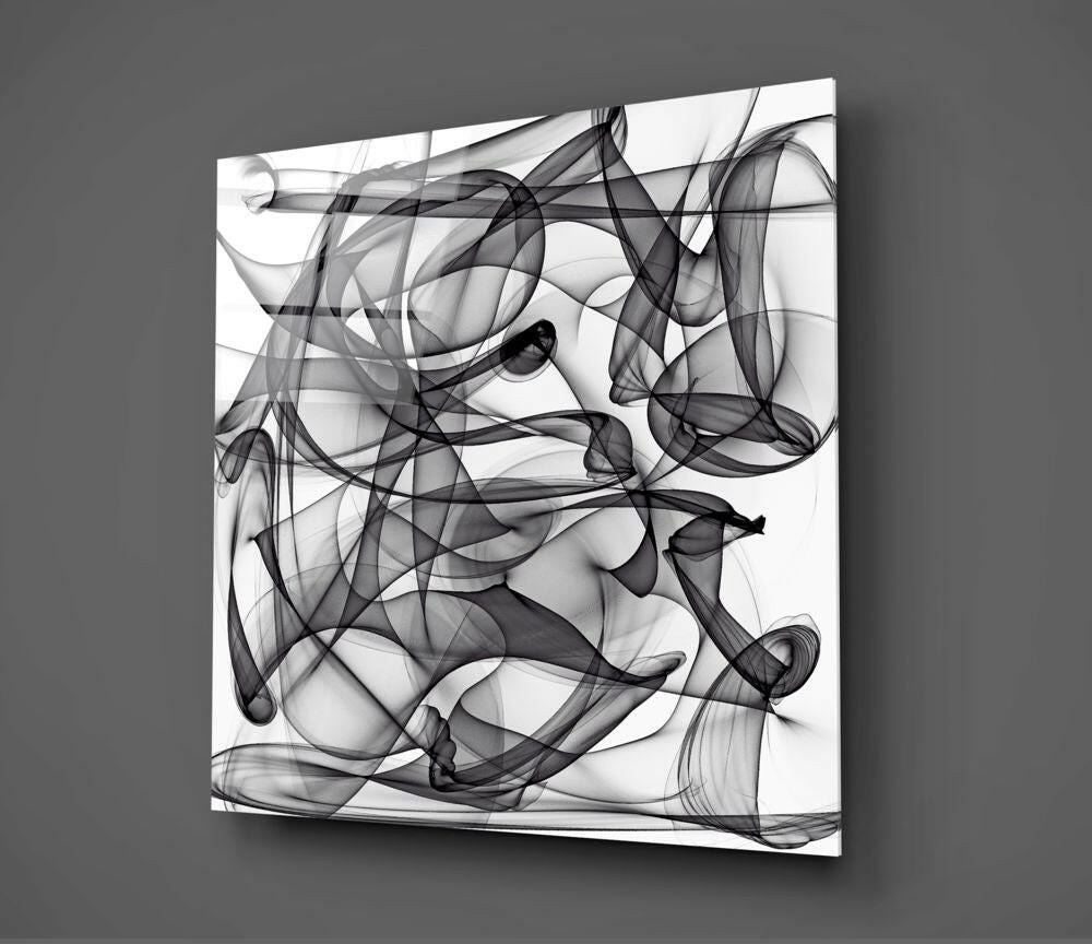 Black and White Smoke Swirl Glass Wall Art