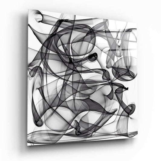 Abstract black smoke swirls and flowing ribbons layered on translucent glass, angled three-quarter view showing depth and shadow.