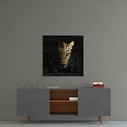 Shadowed Golden Leopard Glass Wall Art