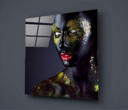 Gold Glitter Makeup Red Lips Glass Wall Art