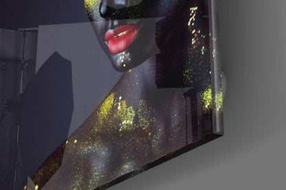 Gold Glitter Makeup Red Lips Glass Wall Art
