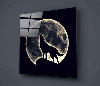 Howling Wolf Silhouette Full Moon Glass Wall Art