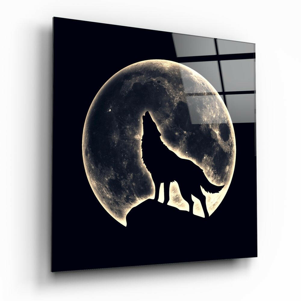 Howling Wolf Silhouette Full Moon Glass Wall Art