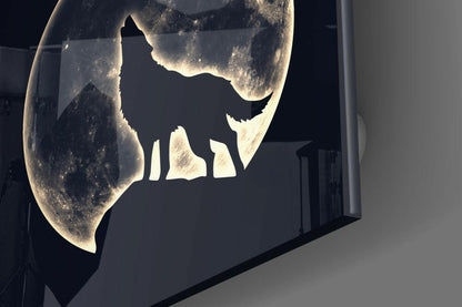 Howling Wolf Silhouette Full Moon Glass Wall Art