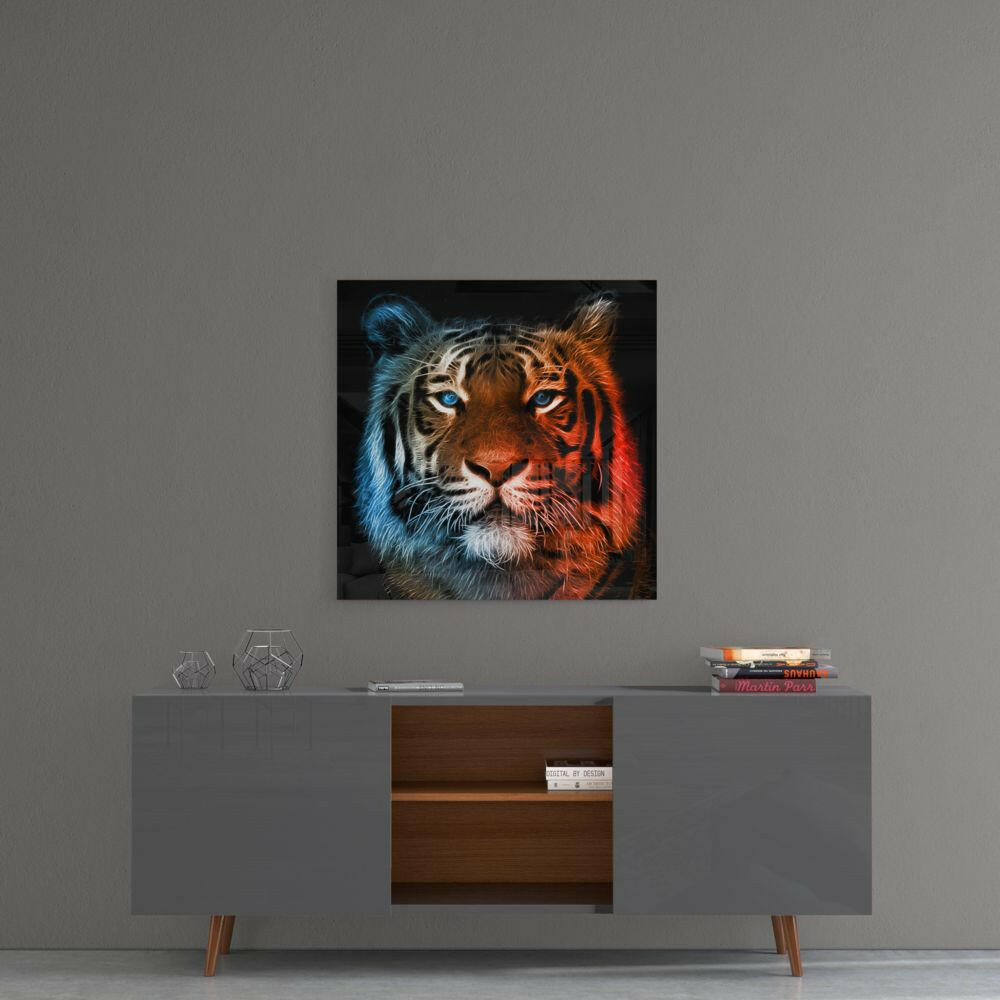 Neon Fractal Tiger Face Glass Wall Art