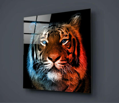 Neon Fractal Tiger Face Glass Wall Art