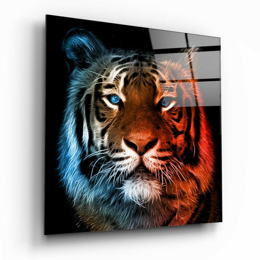 Angled perspective view of neon fractal tiger face glass wall art with blue, white, and red glowing effects on black background.