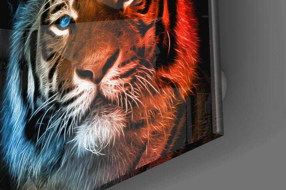 Neon Fractal Tiger Face Glass Wall Art