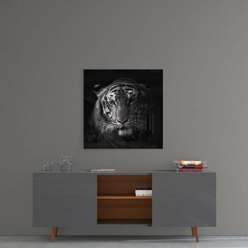 Blue Eyed Tiger Portrait Glass Wall Art