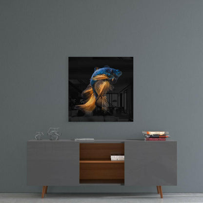 Blue Head Amber Tail Betta Fish Glass Wall Art