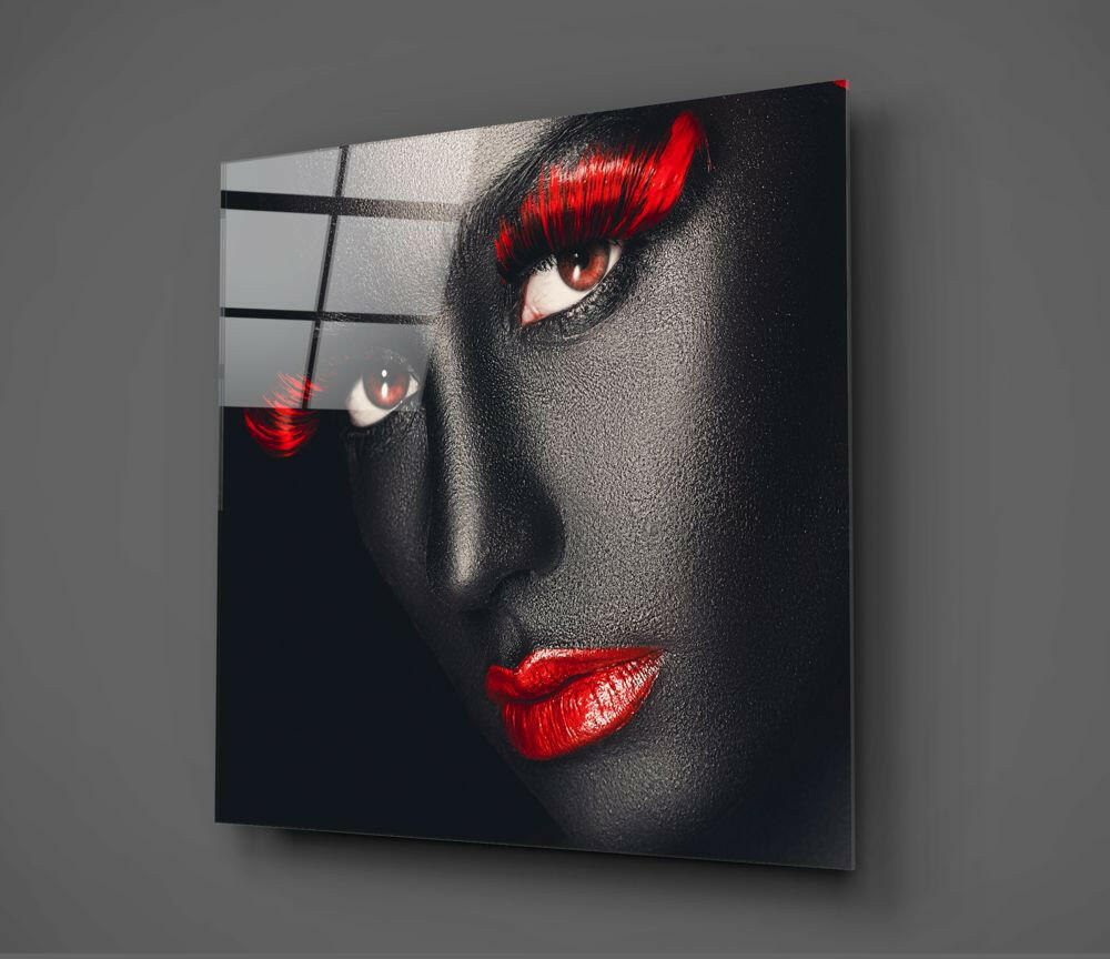 Red Lashes Dark Skin Woman Glass Wall Art