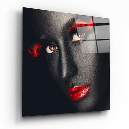 Red Lashes Dark Skin Woman Glass Wall Art
