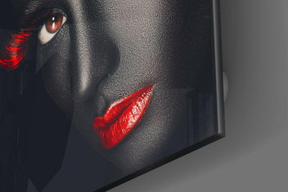 Red Lashes Dark Skin Woman Glass Wall Art