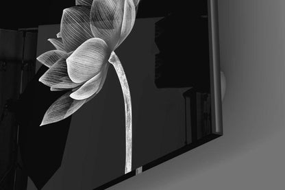 Black And White Tilted Lotus Floral Glass Wall Art