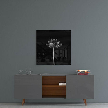 Monochrome Upright Lotus Bud Floral Glass Wall Art