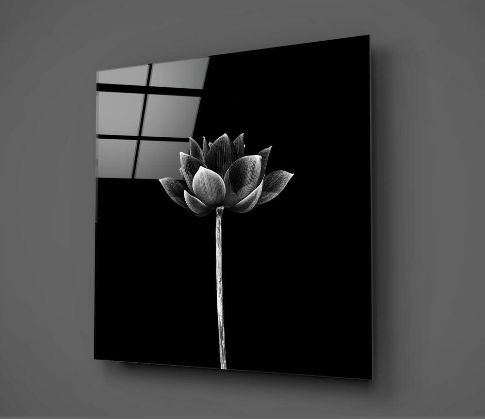 Monochrome Upright Lotus Bud Floral Glass Wall Art