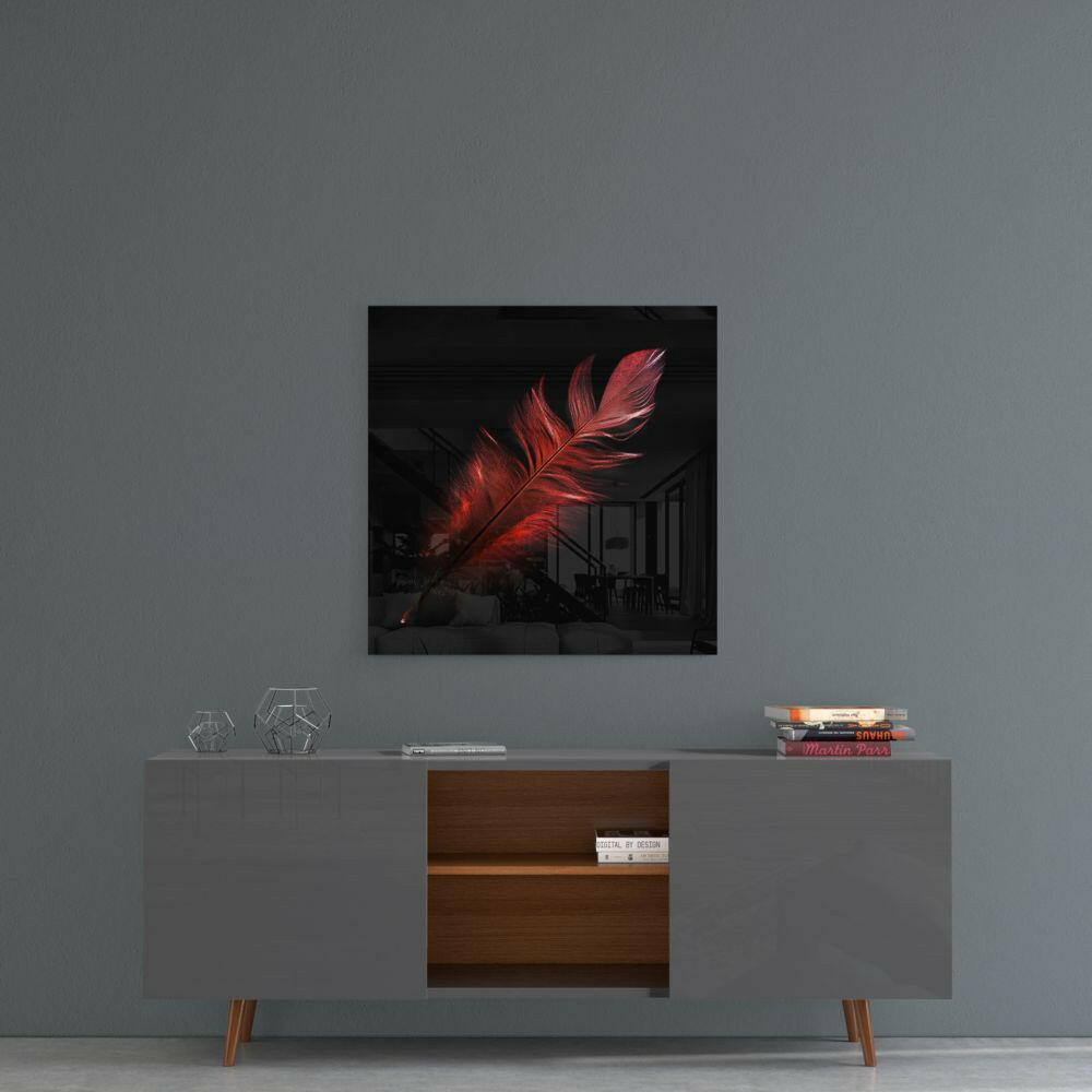 Crimson Glowing Feather on Black Glass Wall Art