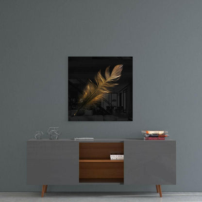 Golden Backlit Feather on Black Glass Wall Art