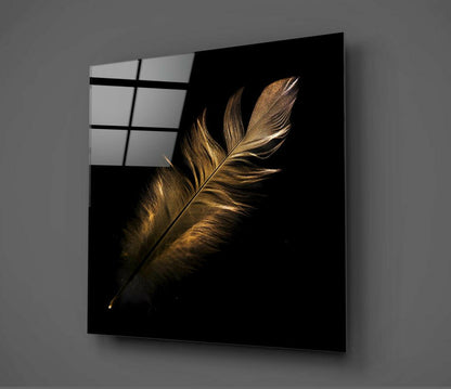 Golden Backlit Feather on Black Glass Wall Art