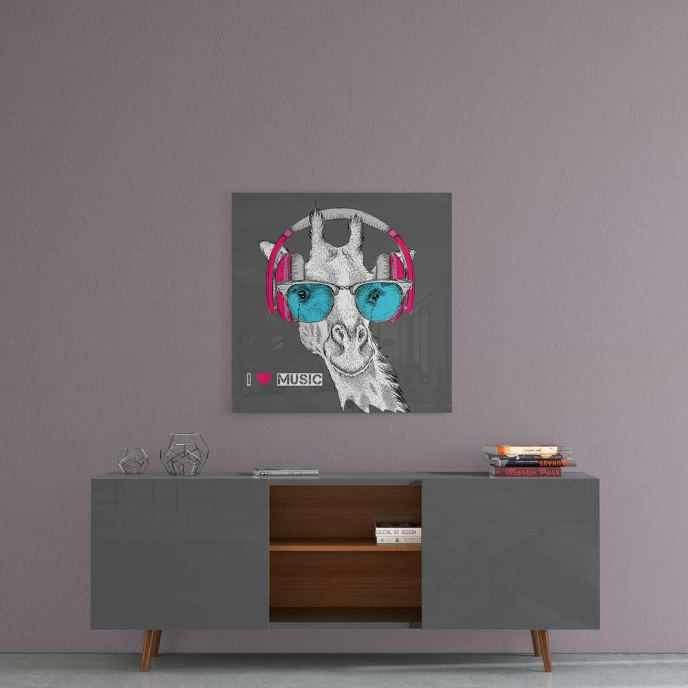 Giraffe With Headphones Music Glass Wall Art