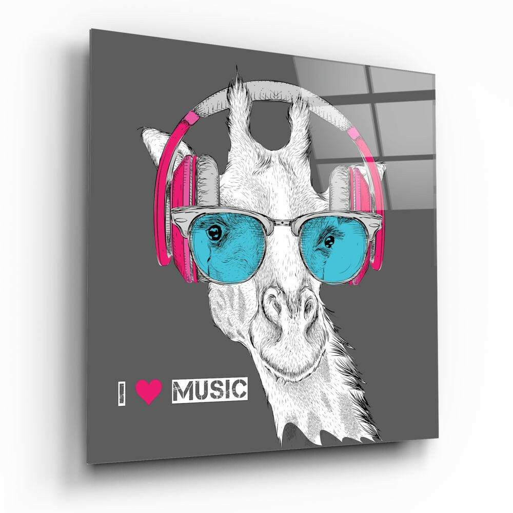 Giraffe With Headphones Music Glass Wall Art