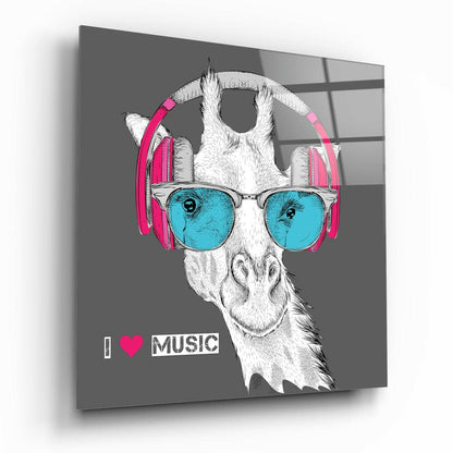 Giraffe With Headphones Music Glass Wall Art