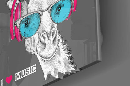 Giraffe With Headphones Music Glass Wall Art