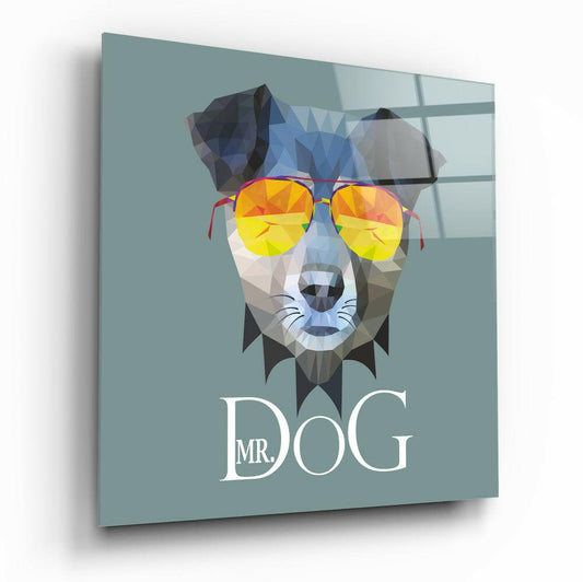 Glass wall art panel displaying geometric dog portrait wearing yellow sunglasses with "MR. DOG" text below on teal background.