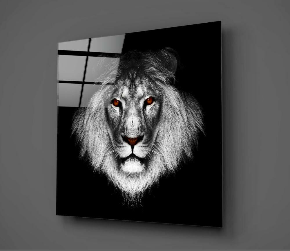 Amber Eyed Black White Lion Glass Wall Art