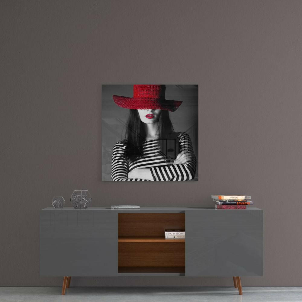 Red Straw Hat Striped Woman Glass Wall Art