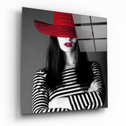 Red Straw Hat Striped Woman Glass Wall Art