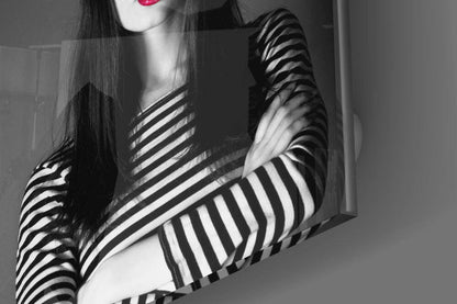 Red Straw Hat Striped Woman Glass Wall Art