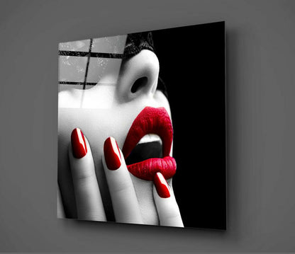 Lace Mask Red Nails Lips Glass Wall Art